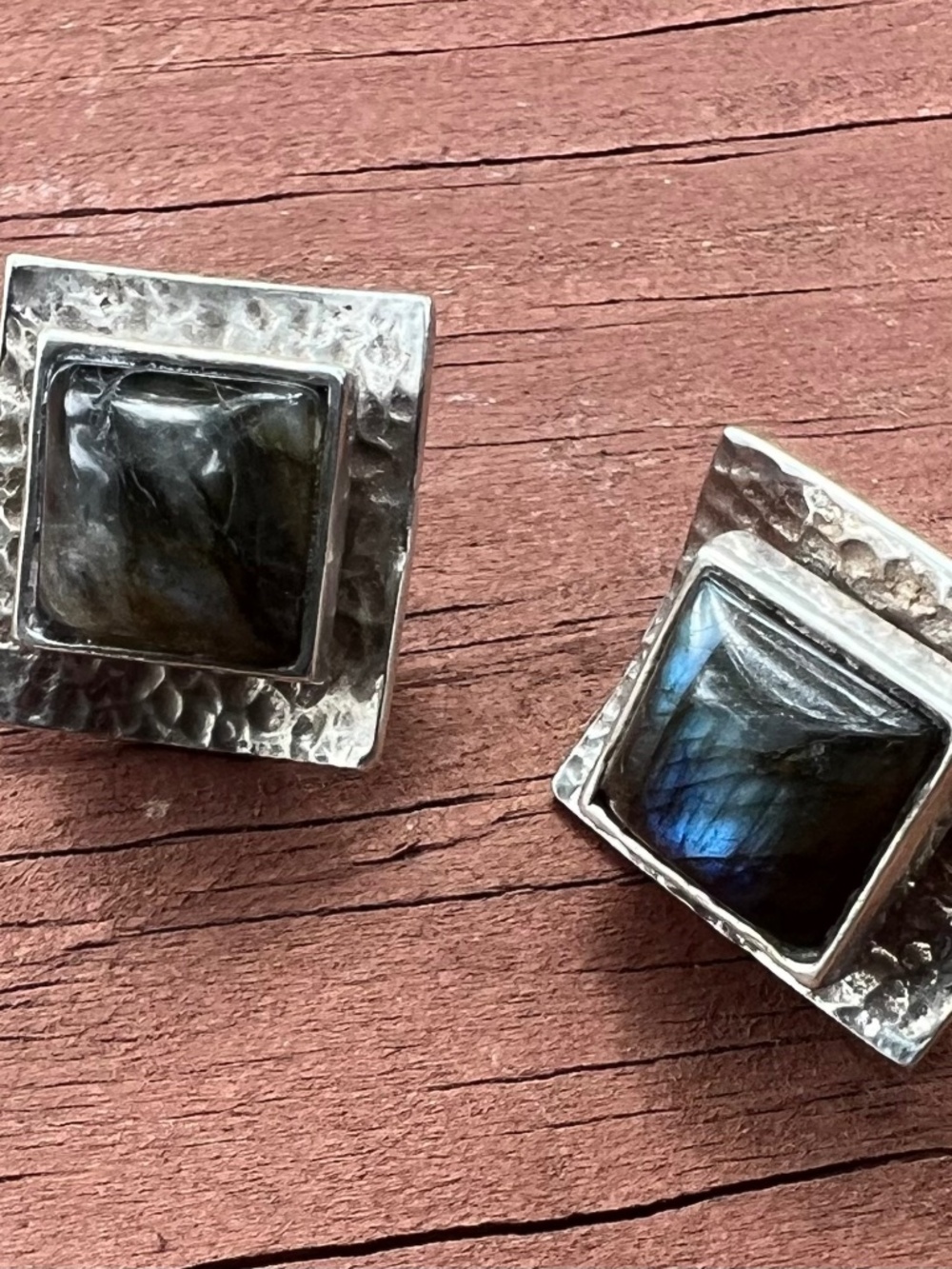 Sterling Silver Labradorite Hand Made Hammered Detail Artisan Earrings 3/4”